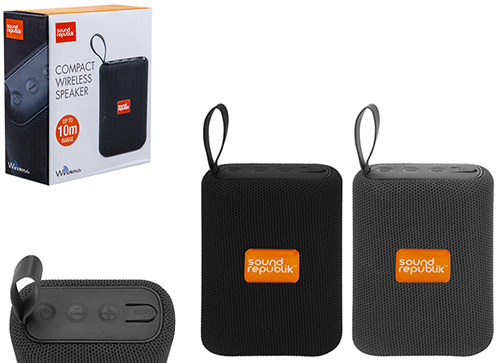 SOUND REPUBLIK Wireless Compac Speaker con nastrino per trasporto – 2ass (nero/grigio) In box…x18